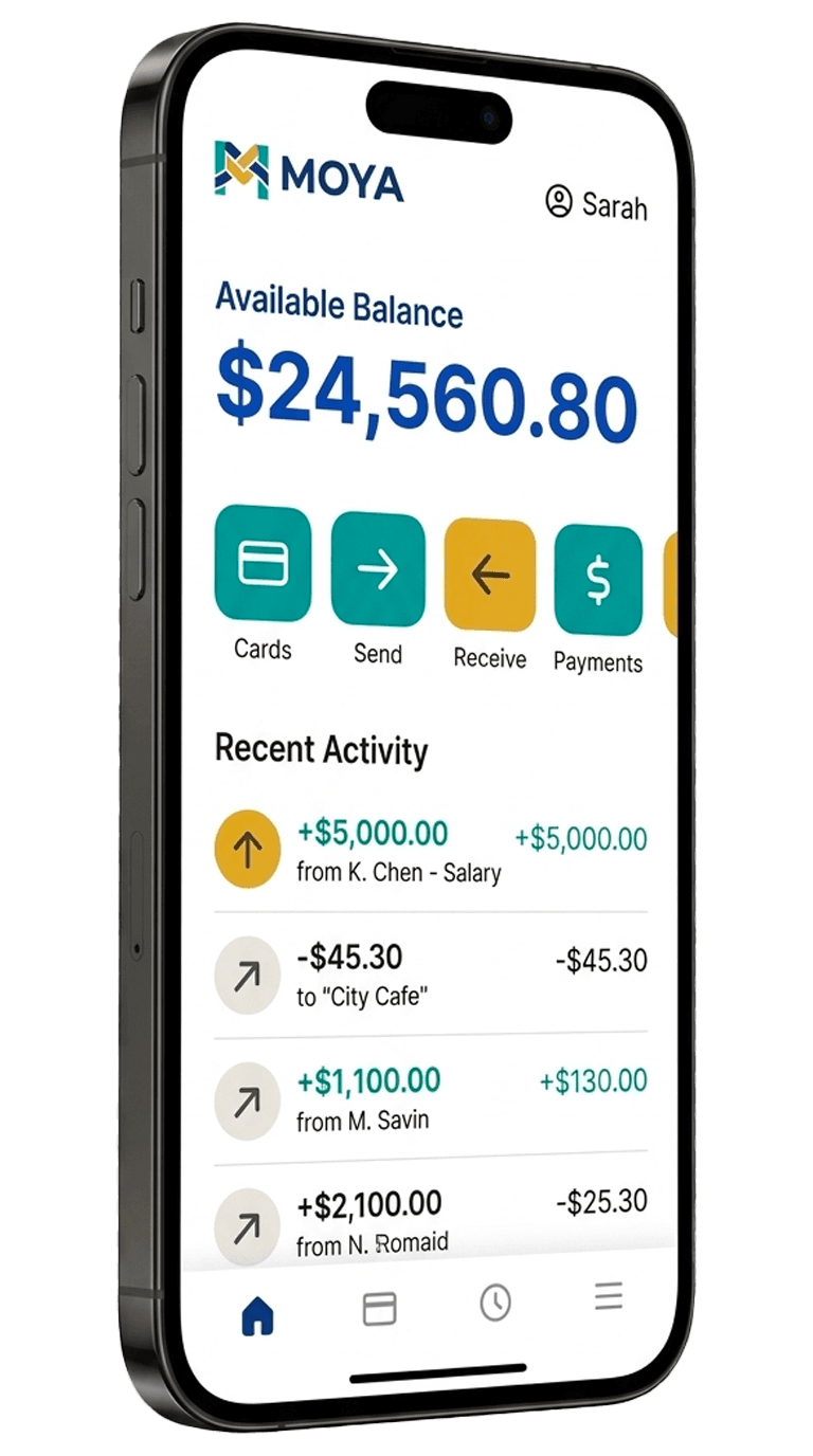 MOYA account home screen on mobile